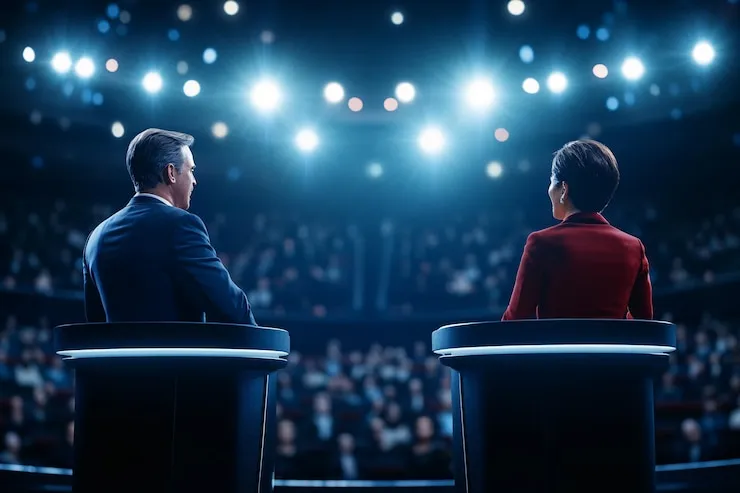 Duas pessoas em púlpitos sobre um palco iluminado, vistas de costas, participando de um debate diante de uma grande plateia em um auditório com luzes fortes e atmosfera formal.